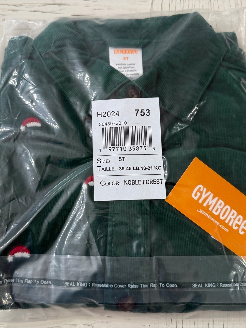 Gymboree Forest Green Corduroy Long Sleeve Santa Button Down Christmas Shirt 5T